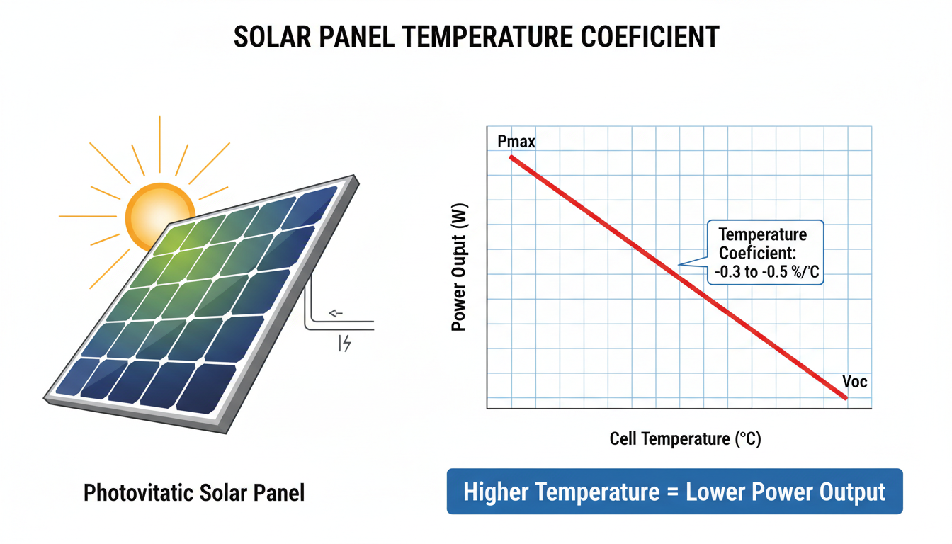 Solar panel temperature coefficient diagram showing how higher cell temperature reduces PV module power output in real operating conditions